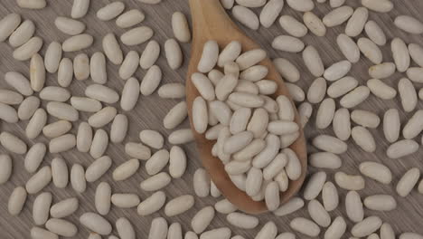 white dry beans legumes on wooden spoon rotating. vegan vegetarian ingredient, mediterranean diet