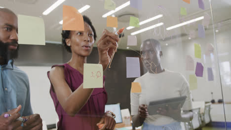 african american colleagues brainstorming, making notes on glass wall in office in slow motion