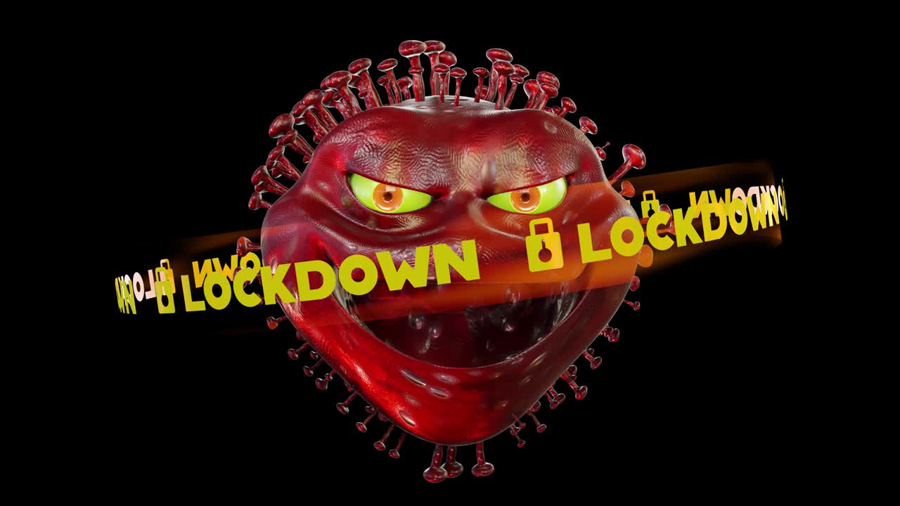 3d 렌더링 애니메이션 코로나바이러스 코로나19의 루핑 장면으로 검은색 배경에 고립된 잠금 문자 배너와 함께 끝에 루마 매트 섹션이 있습니다.