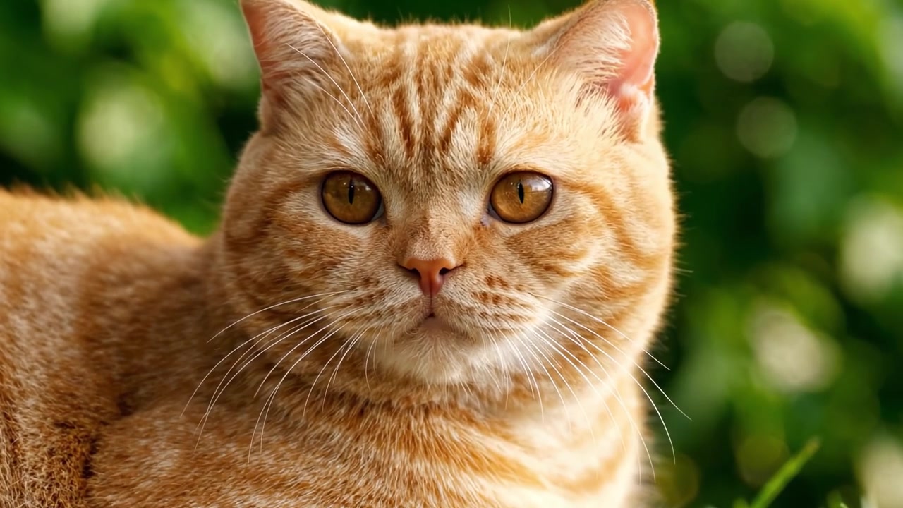 Un affascinante primo piano di un elegante gatto arancione, che mostra la sua bellissima pelliccia e gli occhi espressivi, perfettamente catturato su uno sfondo verde lussureggiante