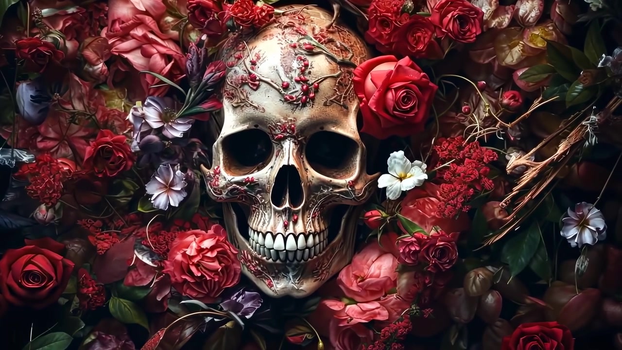 Teschio decorato circondato da rose rosse e rosa