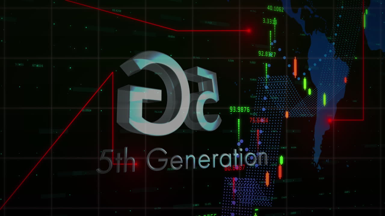 rutas de texto y luz 5g contra el procesamiento de datos financieros sobre el mapa del mundo en fondo negro
