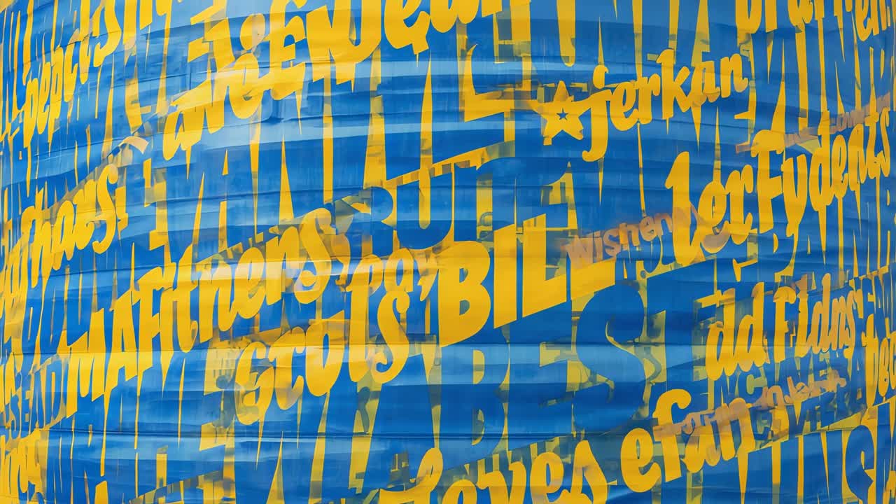 Panoramica della camera che scansiona una colonna ondulata curva in un'area urbana, rivelando scritte gialle a strati