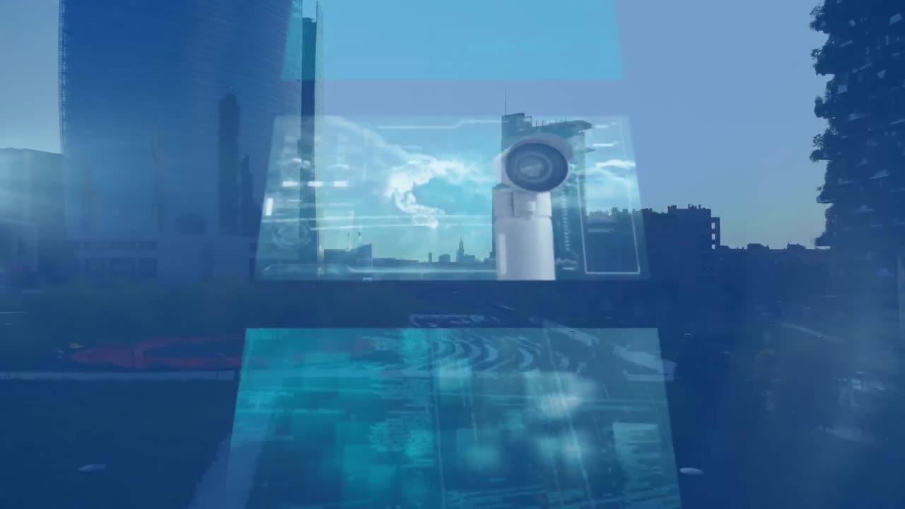 animación del procesamiento de datos en pantallas sobre el paisaje urbano
