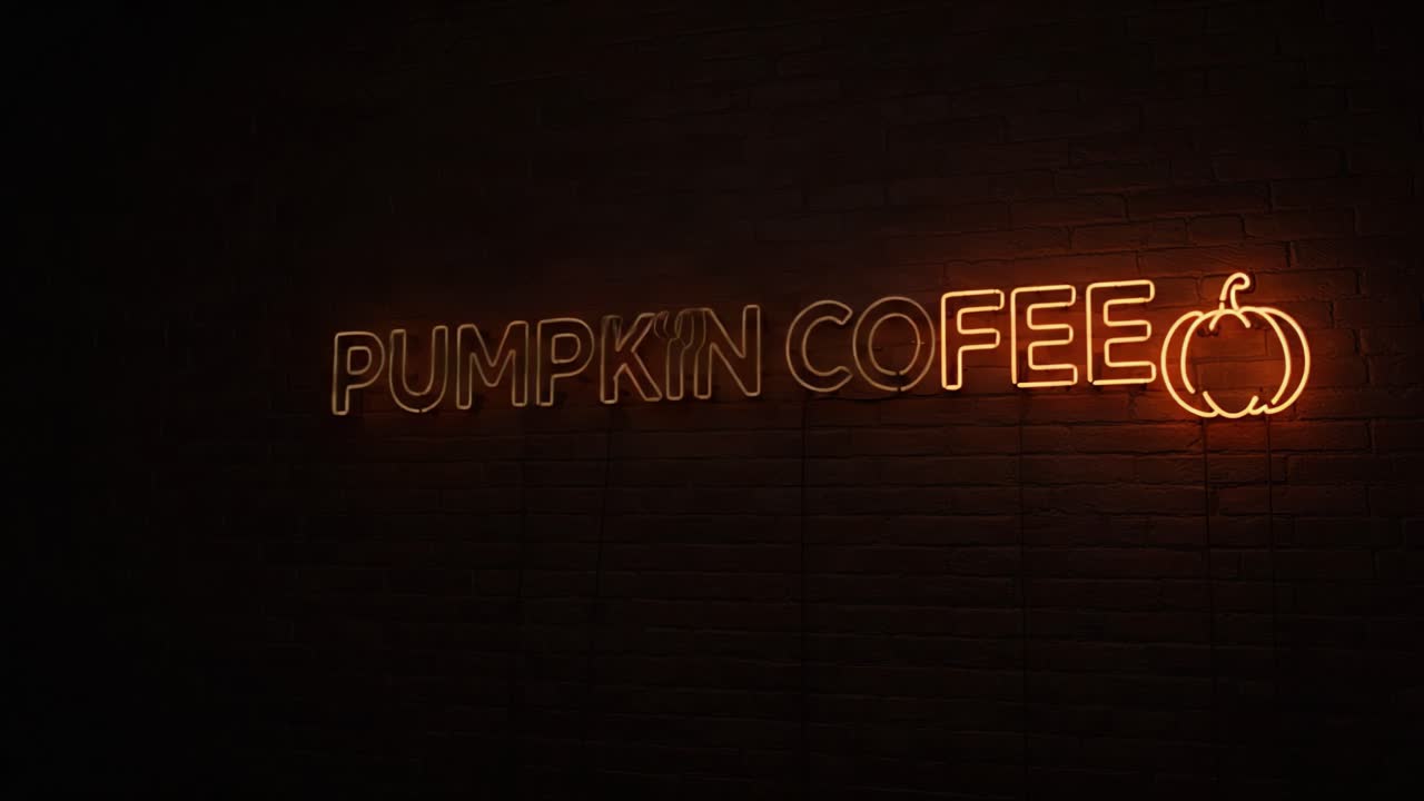Um brilho intenso de café com abóbora: uma experiência visual cativante com uma placa de neon aconchegante e inspirada no outono, iluminando um ambiente acolhedor