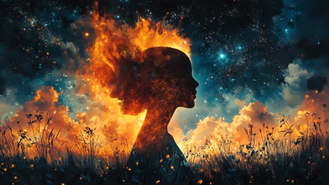 creative silhouette of a woman with fiery hair against a starry sky