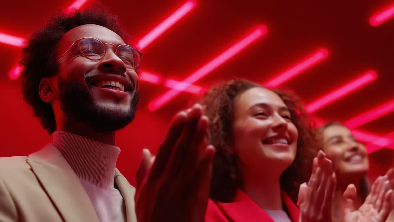 Joyous Celebration: A Group of Friends Enthusiastically Applauding During a Vibrant Event, Surrounded by Striking Red Lighting that Enhances the Minfely Atmosphere