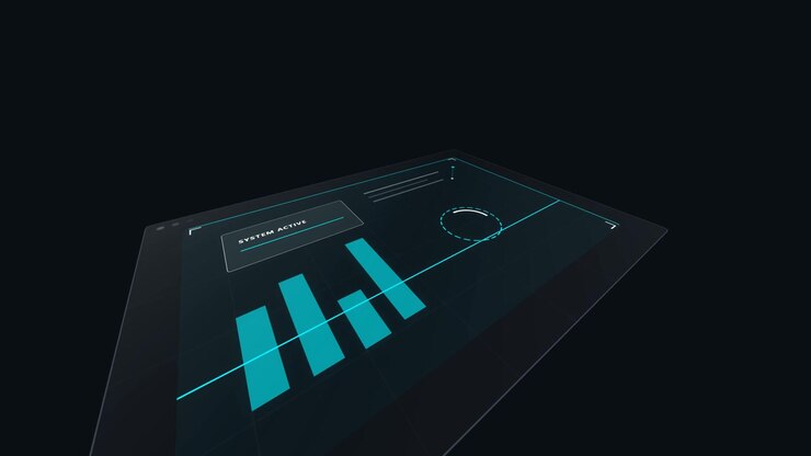 Digital Interface Displaying Animated Bar Charts and System Status
