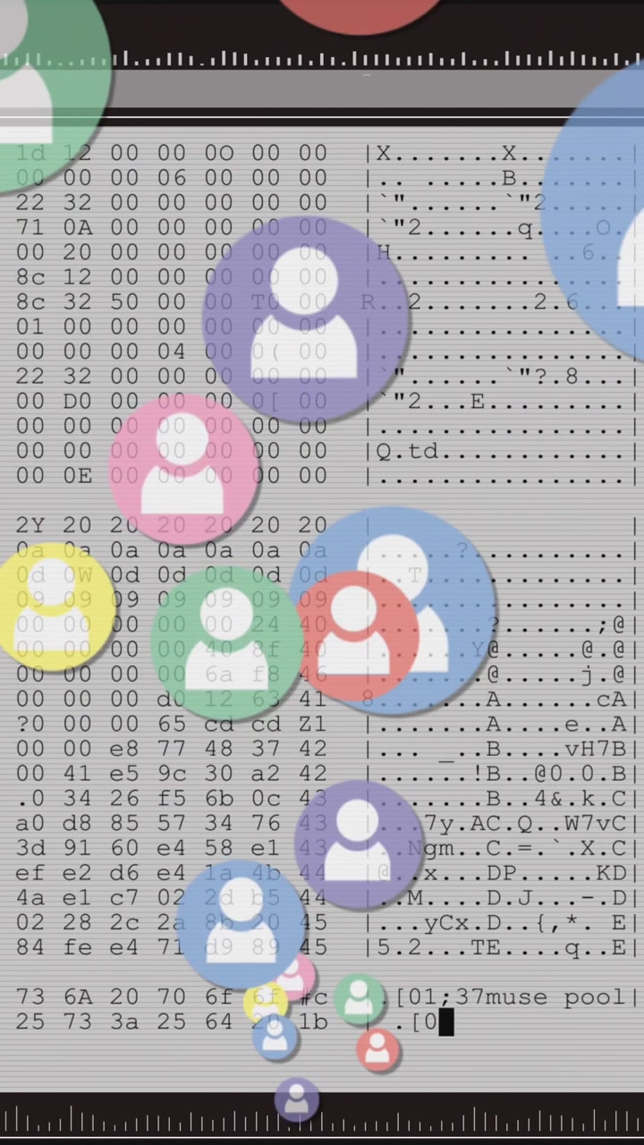 Animation of social media people digital icons over data processing on computer screen