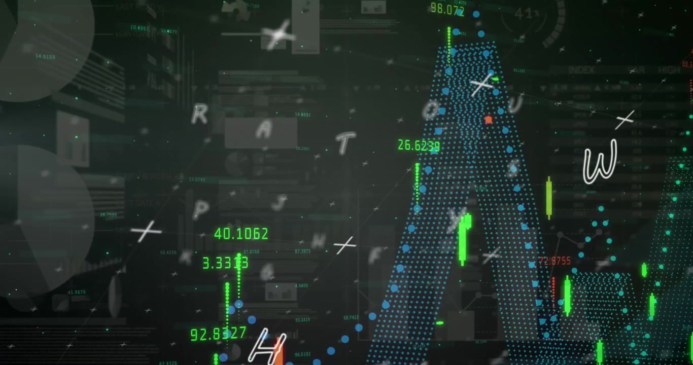 Animation of data processing and letters on black background