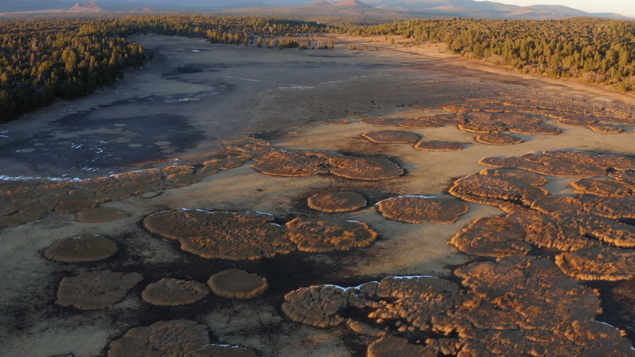 lecho de lago seco sobrevuelo aéreo con isla plantada después de la sequía en el caluroso verano de arizona