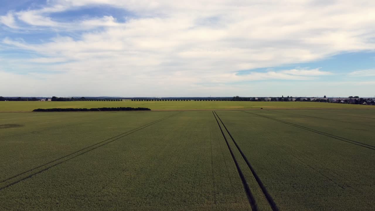 Blue sky, yellow field Ukrainian flag
Unbelievable aerial view flight lift off drone footage of wheat field Cornfield in Europe Saxony Anhalt at summer 2022