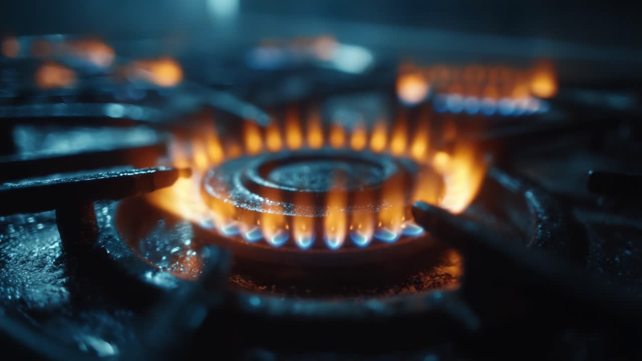 Close-Up of a Gas Burner Ignited, Showcasing Vibrant Flames and Textured Grate in a Modern Kitchen Setting