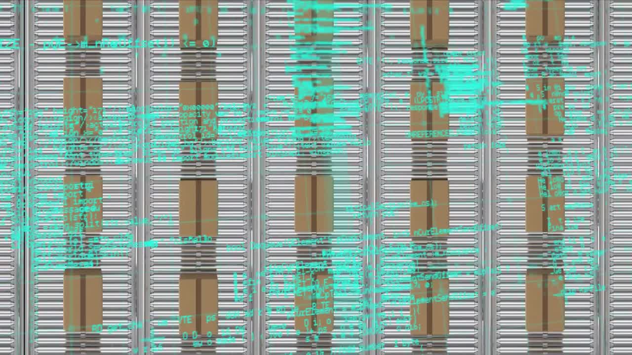 Animation of data processing over cardboard boxes on conveyor belts in warehouse