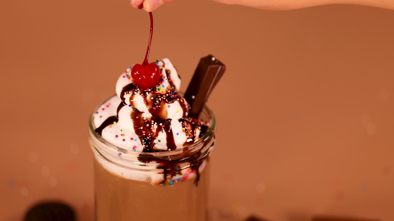 Hand places cherry atop whipped cream, chocolate syrup, and sprinkles on milkshake under warm lighting