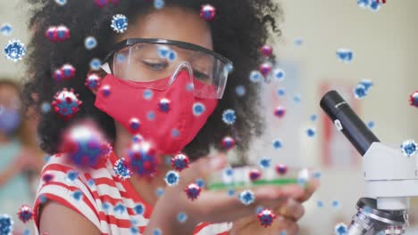 Animation-of-cornoavirus-cells-and-schoolgirl-in-science-class-wearing-face-mask