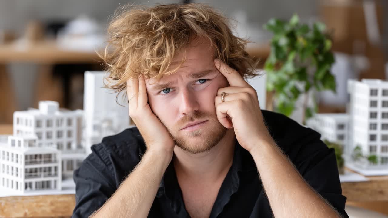 A Frustrated Man Deep in Thought, Struggling with Decisions Over Architectural Models in a Modern Workspace Environment