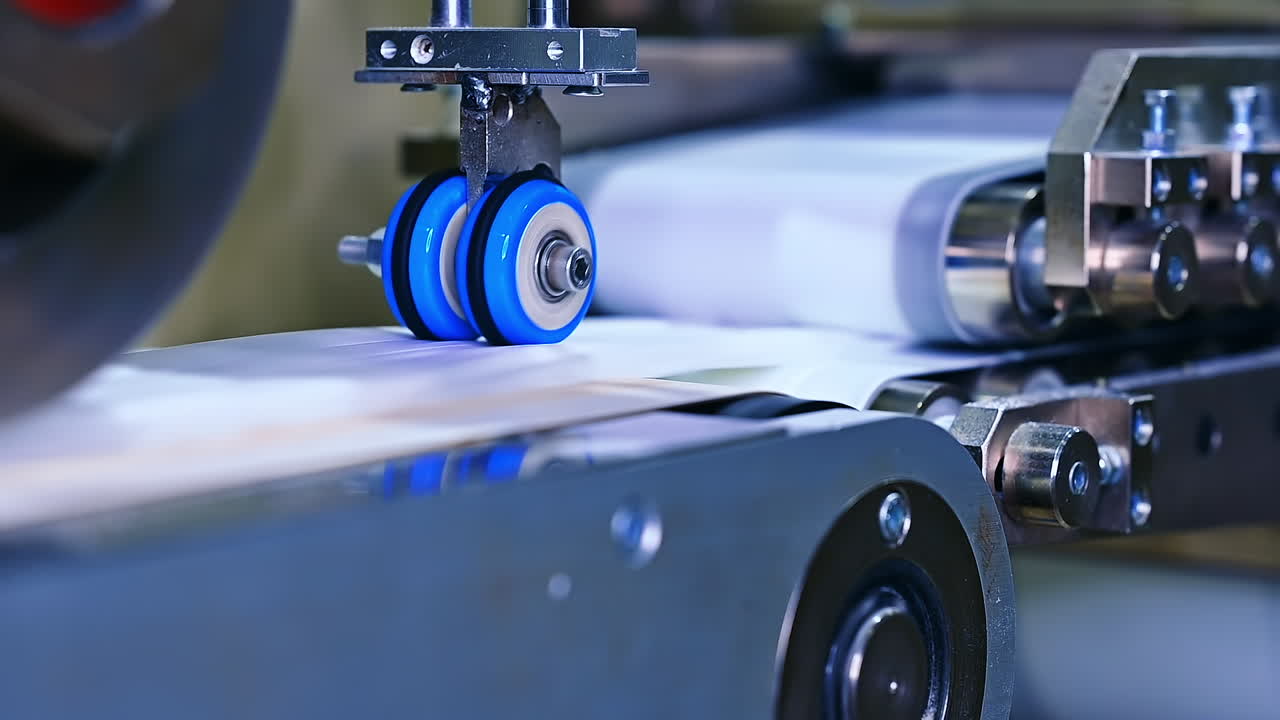 Little blue rollers spin to make recesses on the diaper surface. Quickly rotating shafts of the conveyor line at the diaper manufacturing close up.