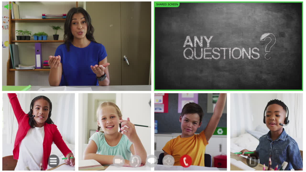 Animation of video call screens of chalkboard and diverse teacher and children having online lesson