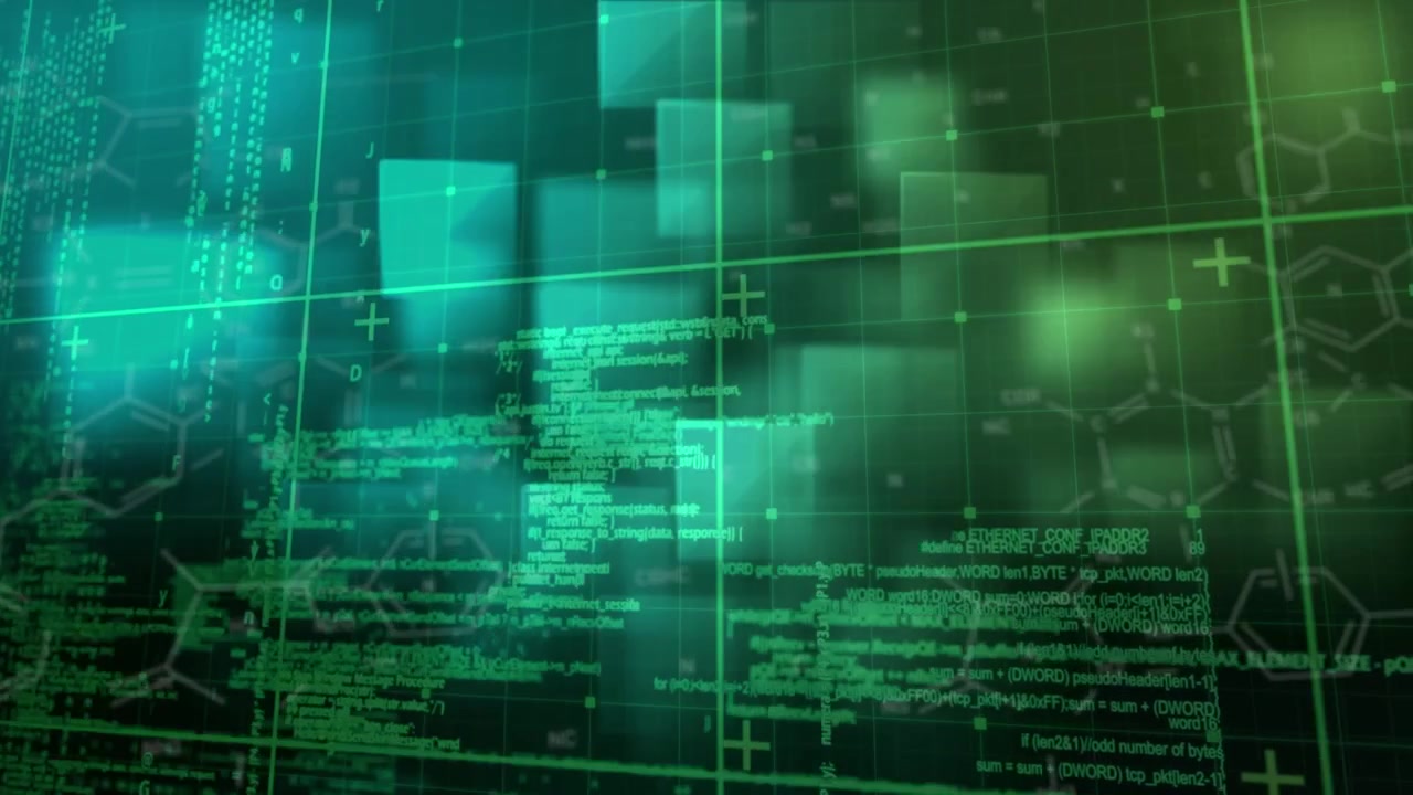 Abstract Digital Grid with Scrolling Code and Data Elements