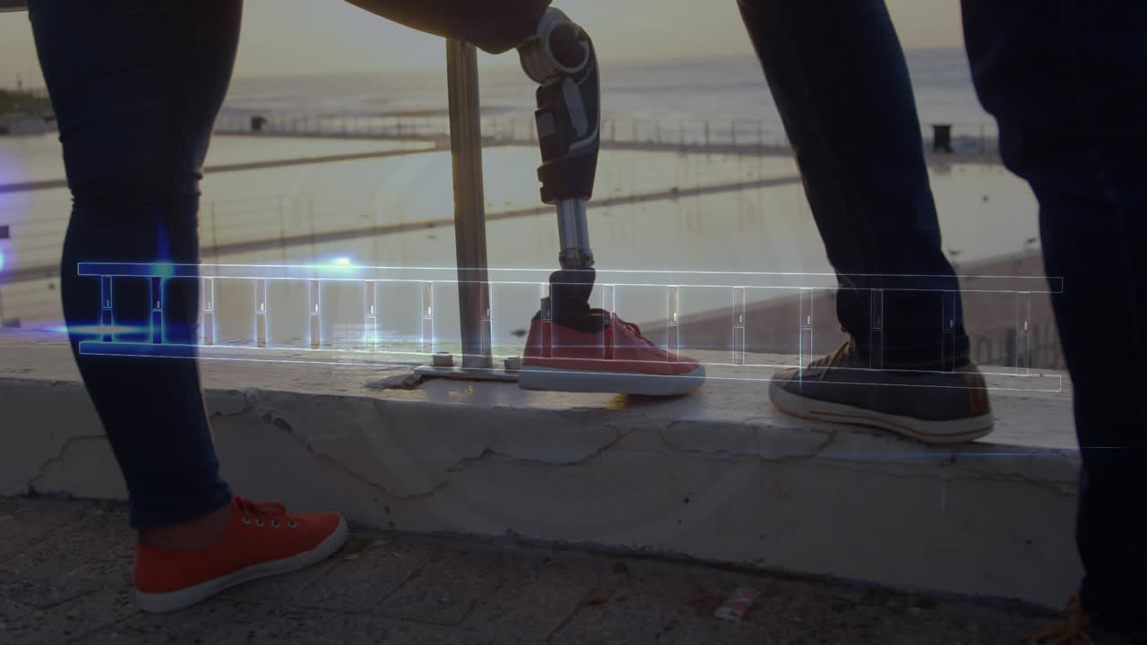 Dna structure and and data processing against low section of woman with prosthetic leg on promenade