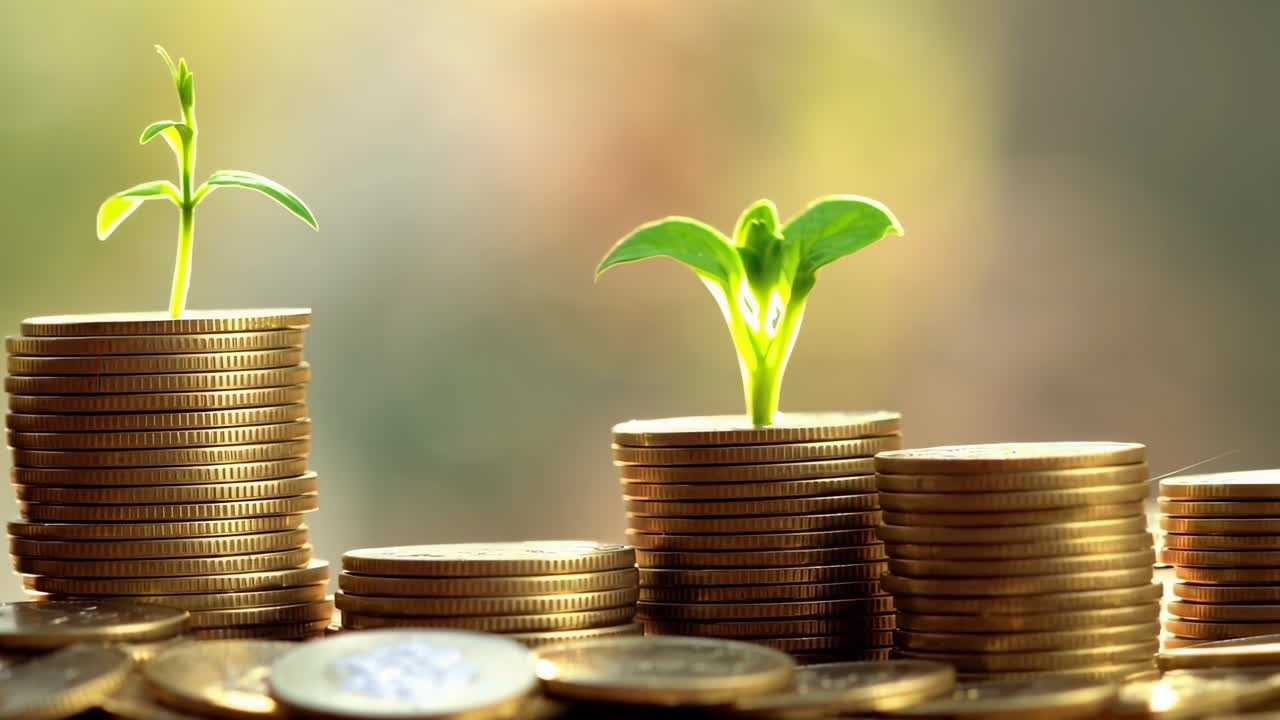 Close-up video angle of coins with sprouts, symbolizing financial growth and investment