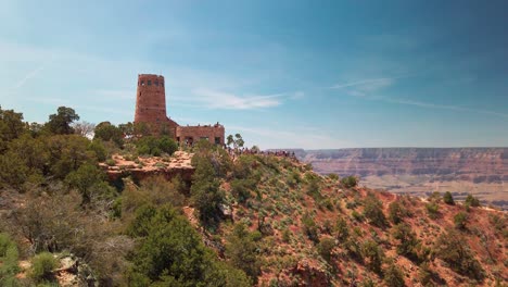 super wide static shot of the desert view watchtower at the grand canyon national park