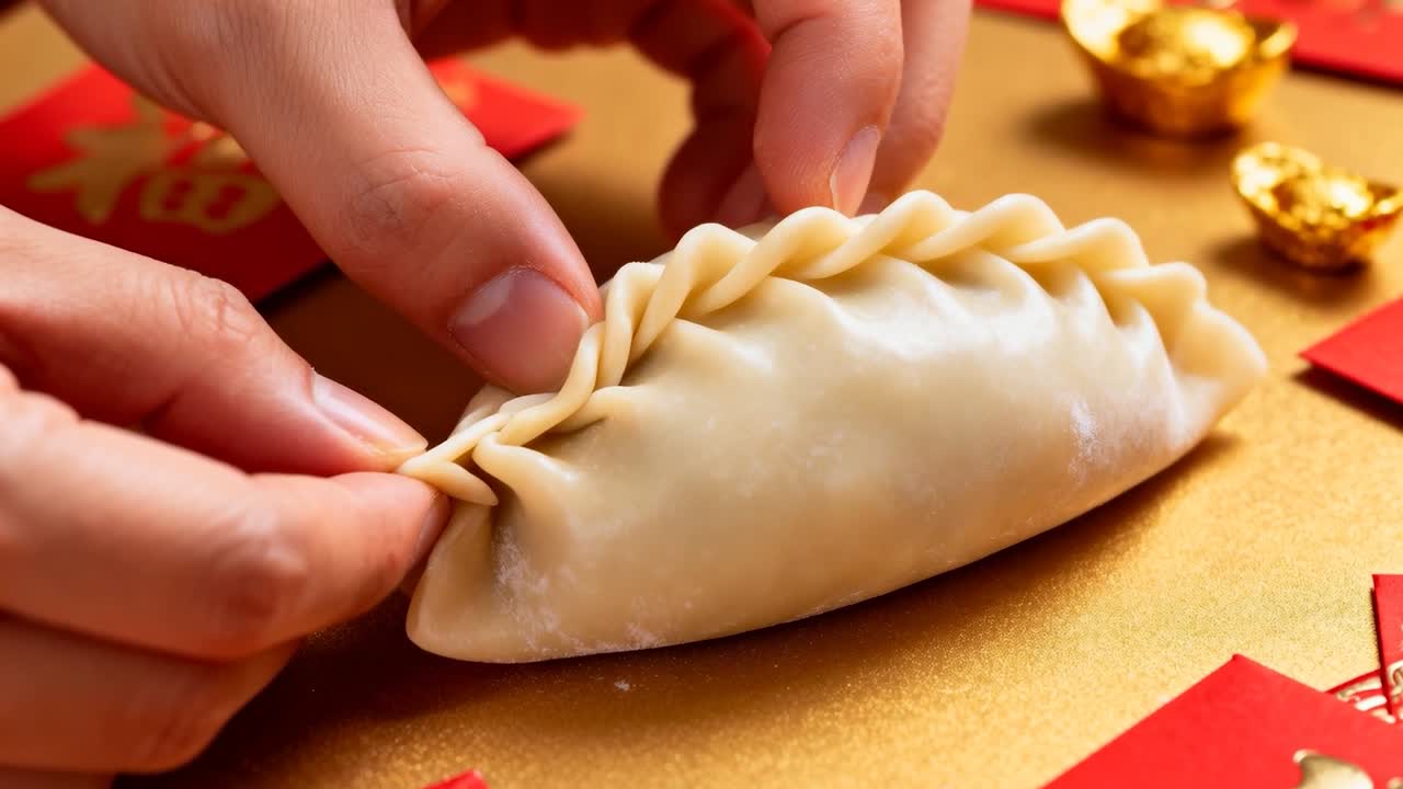 Pinching hands starting pleating dumpling seam on gold mat for festival with red hongbao and ingots