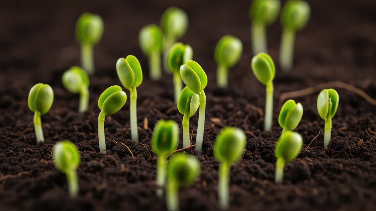A Close-Up View of Sprouting Seeds Emerging from Rich Dark Soil Under Natural Lighting, Showcasing the Early Stages of Plant Growth and Renewal in Nature