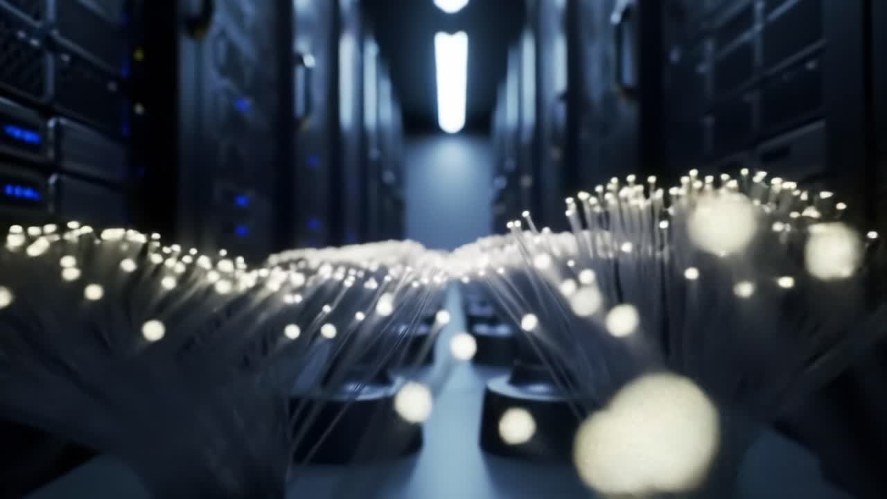 Illuminated Fiber Optic Cables Interconnected in a Modern Data Center, Showcasing the Backbone of High-Speed Internet and Advanced Network Technology