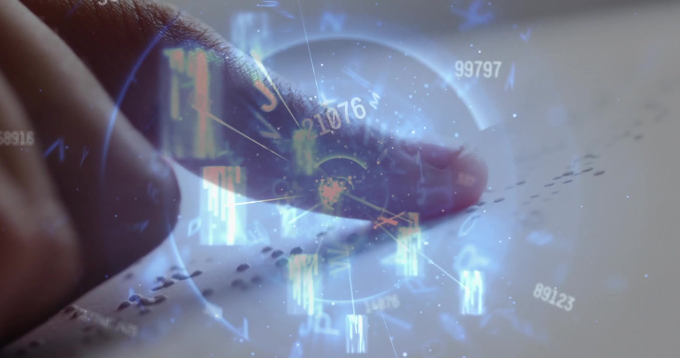 Animation of changing numbers and glowing tunnel over close up of a finger reading in braille
