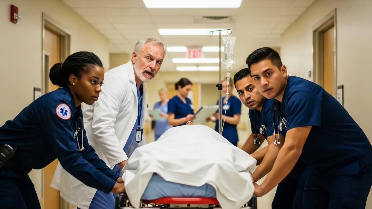 A Focused Team of Medical Professionals Responding to a Critical Situation in a Hospital Corridor, Highlighting Their Dedication and Urgency in Providing Lifesaving Care to a Patient on a Gurney