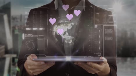 animation of pink hearts and data processing over caucasian businesswoman with tablet