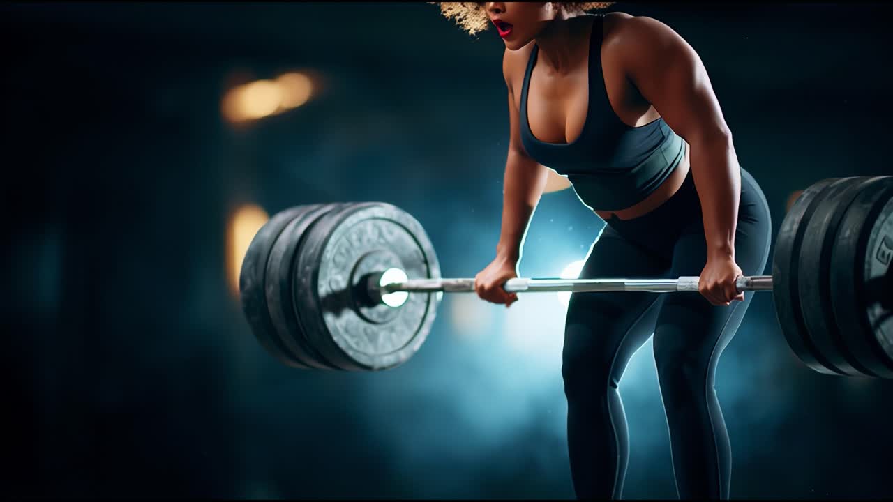 A determined athlete focuses intently on lifting a heavy barbell in a dramatic, high-contrast training environment, showcasing strength and perseverance in a fitness journey