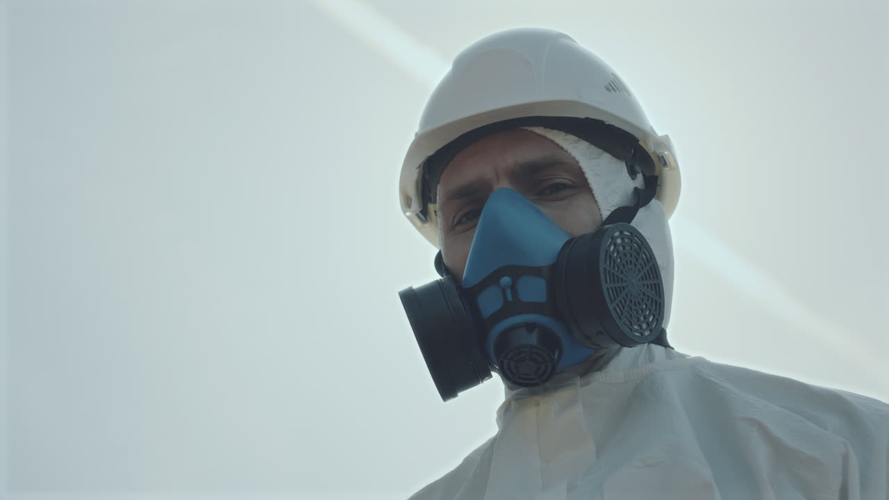 Portrait of Ecologist in Coverall and Respiratory Mask Outdoors