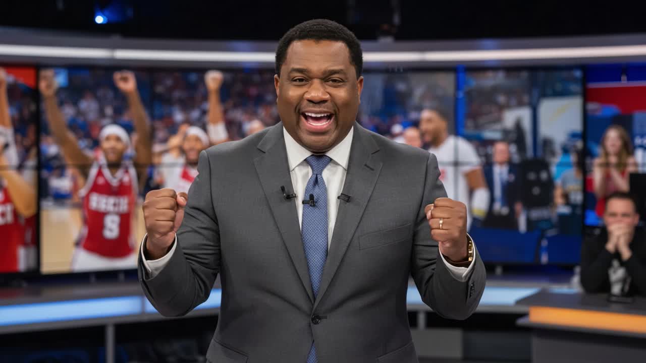 Dynamic Sports Commentary Featuring Enthusiastic Broadcaster Celebrating Victory with Passionate Gestures and Captivating Audience Behind the Scenes