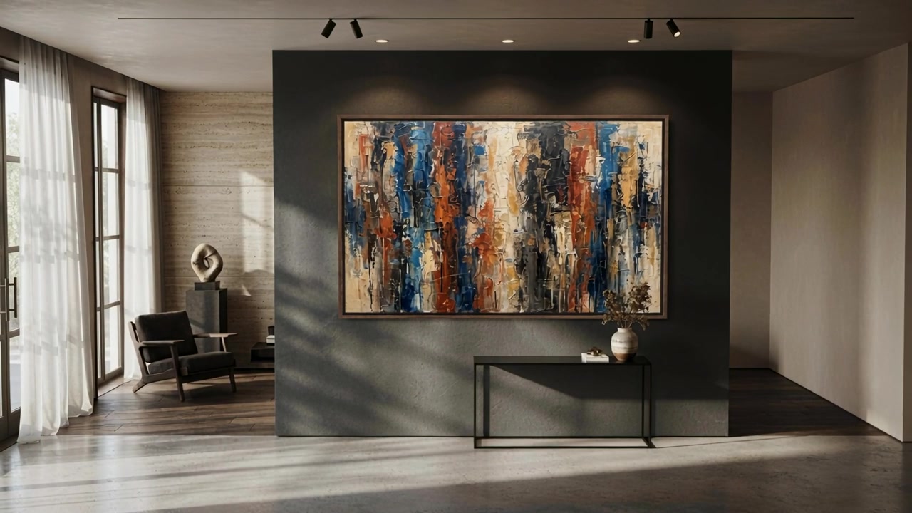 Luce solare che filtra dalla finestra sinistra, proiettando ombre su parete e pavimento e mettendo in risalto un quadro incorniciato.
