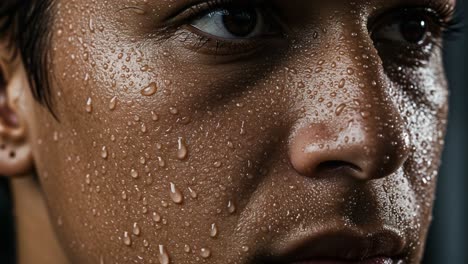 close-up of a young person's face highlighted by water droplets, capturing emotion and intensity in a moment of reflection