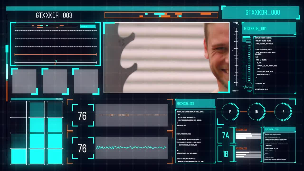 체육관에서 운동하는 백인 남성에 대한 데이터 처리와 함께 화면의 애니메이션