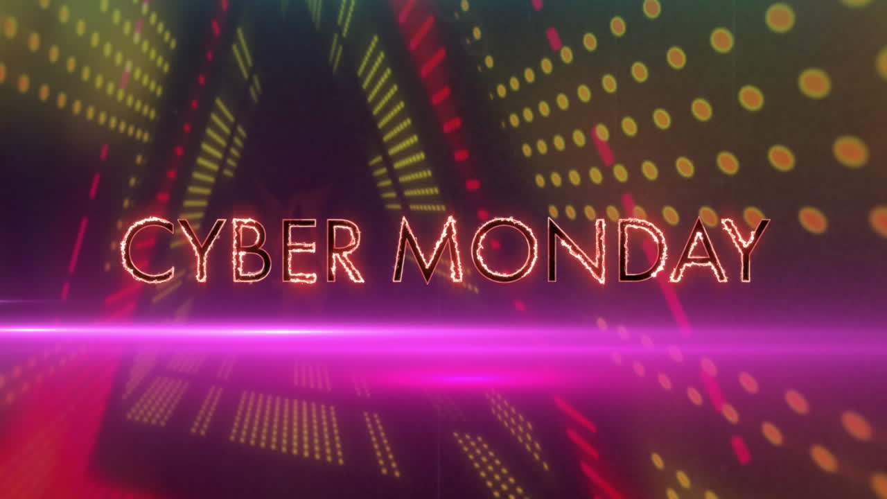 사이버 월요일 텍스트와 보라색 빛 트레일의 애니메이션은 삼각형 터널을 통해 원활한 패턴으로