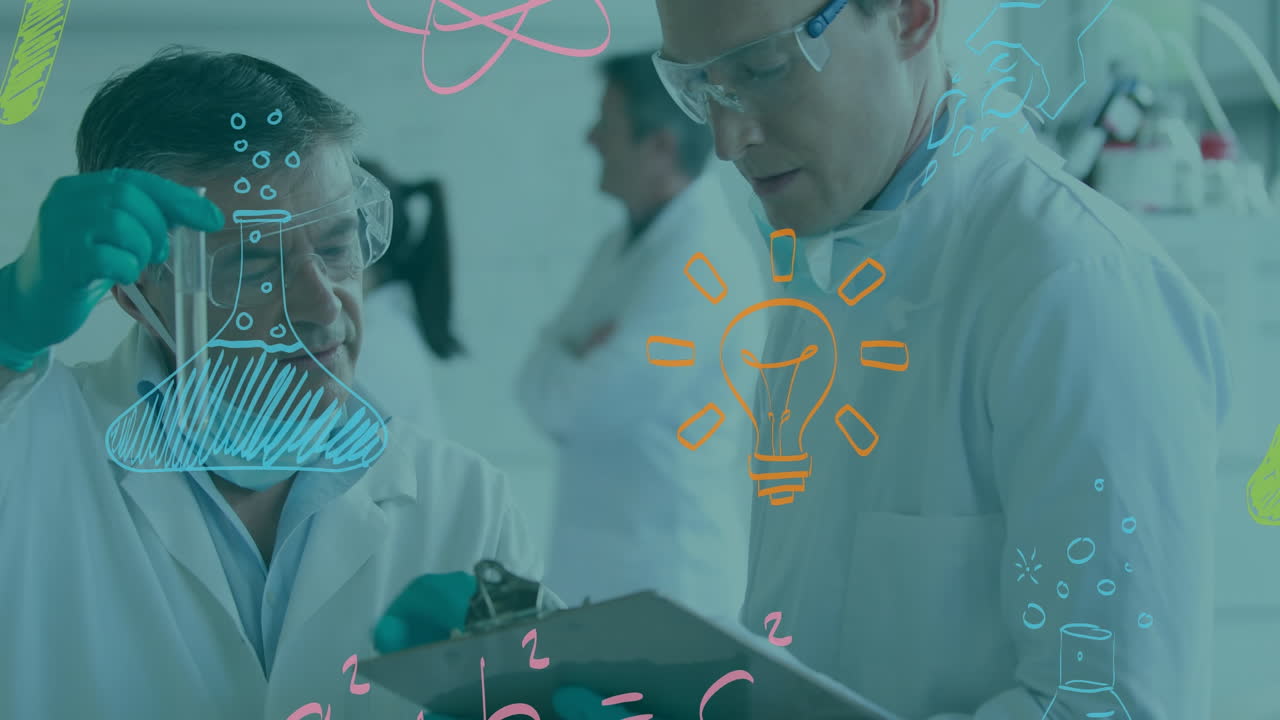 animación de múltiples iconos de conceptos científicos sobre dos científicos caucásicos que trabajan en el laboratorio