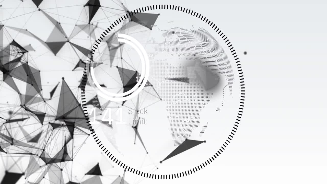 Animation of data processing over spinning globe and plexus networks against grey background