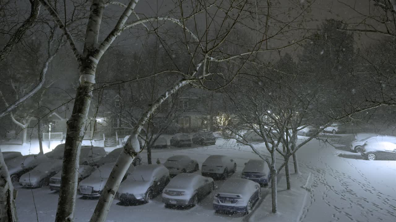 Cars parking at night, evening on a cold winter day, snowfall, snowflakes falling on trees and cars, static shot, dark sky, urban area, snow covered cars and trees