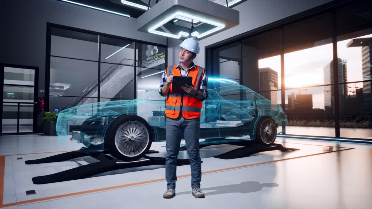cuerpo lleno de ingeniero masculino asiático con casco de seguridad tomando nota en la tableta y mirando a su alrededor mientras está de pie con el concepto de vehículo eléctrico, instalación industrial de alta tecnología