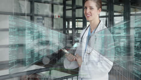 using tablet, doctor reviewing digital data processing in medical office