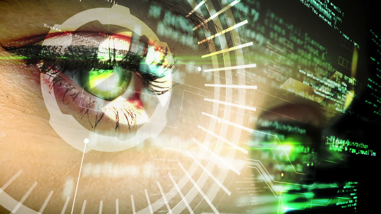 occhio che guarda l'interfaccia futuristica che mostra il testo