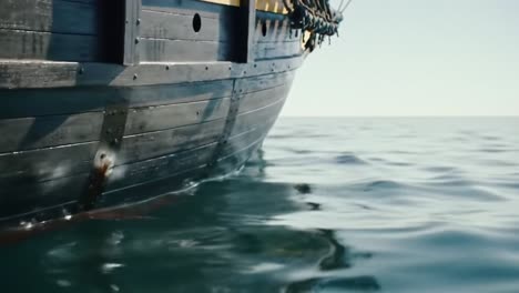 a close-up journey of an ornate ship's bow gliding over gentle ocean waves under clear blue skies, capturing the essence of maritime adventure and exploration