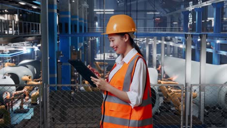 side view of asian female engineer with safety helmet working on a tablet while standing in factory manufacture of wind turbines