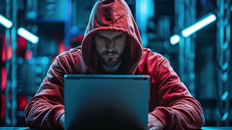 hacker in red hoodie working on laptop