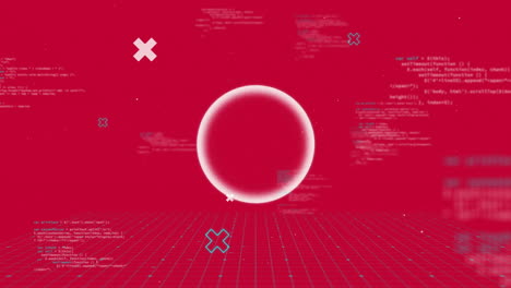 animación de círculos y procesamiento de datos sobre fondo rojo